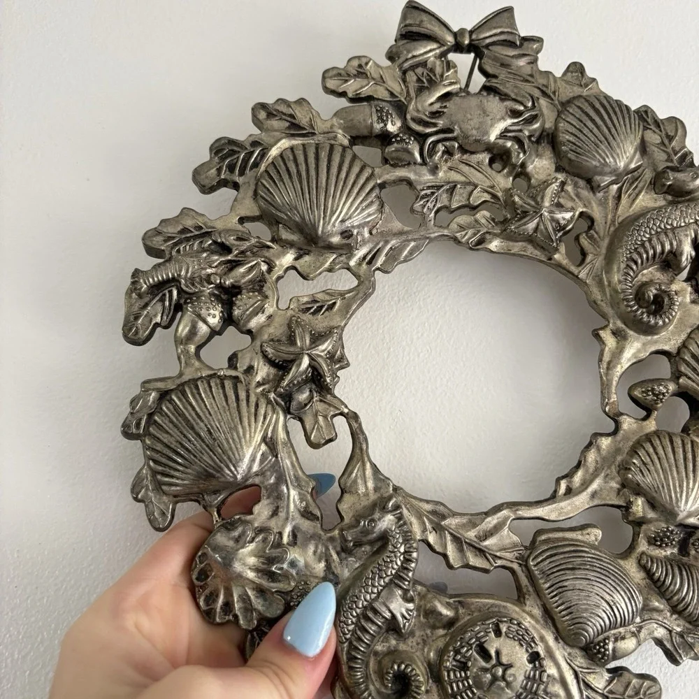 Vtg Godinger Silver-Plate Nautical Ocean Life Seahorse Hanging Wreath Trivet 9